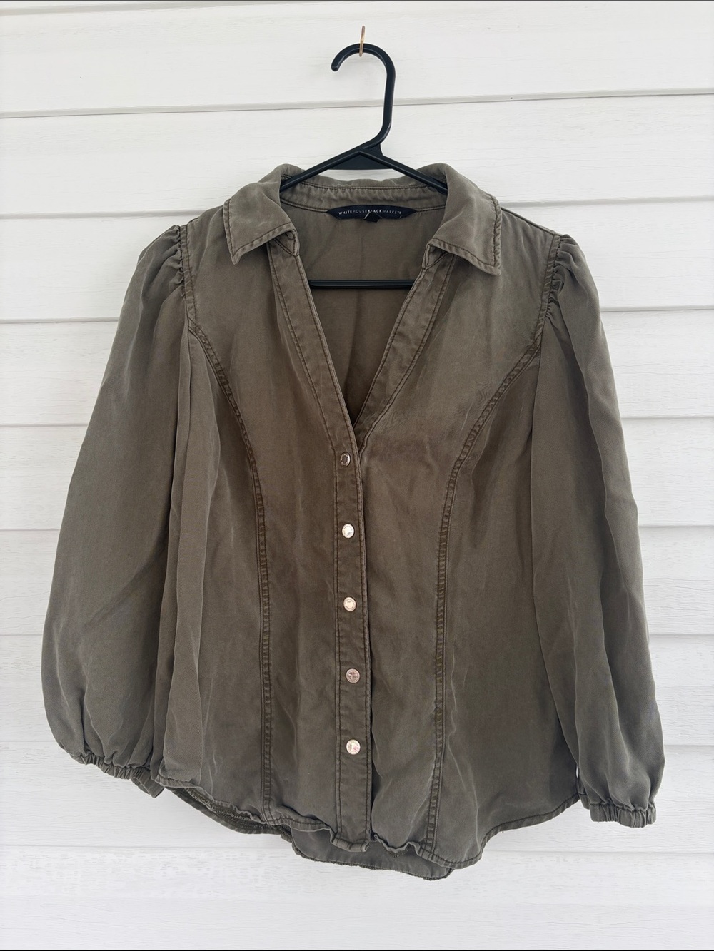 White House Black Market Utility Blouse Olive Green Balloon Sleeve Safari Chic